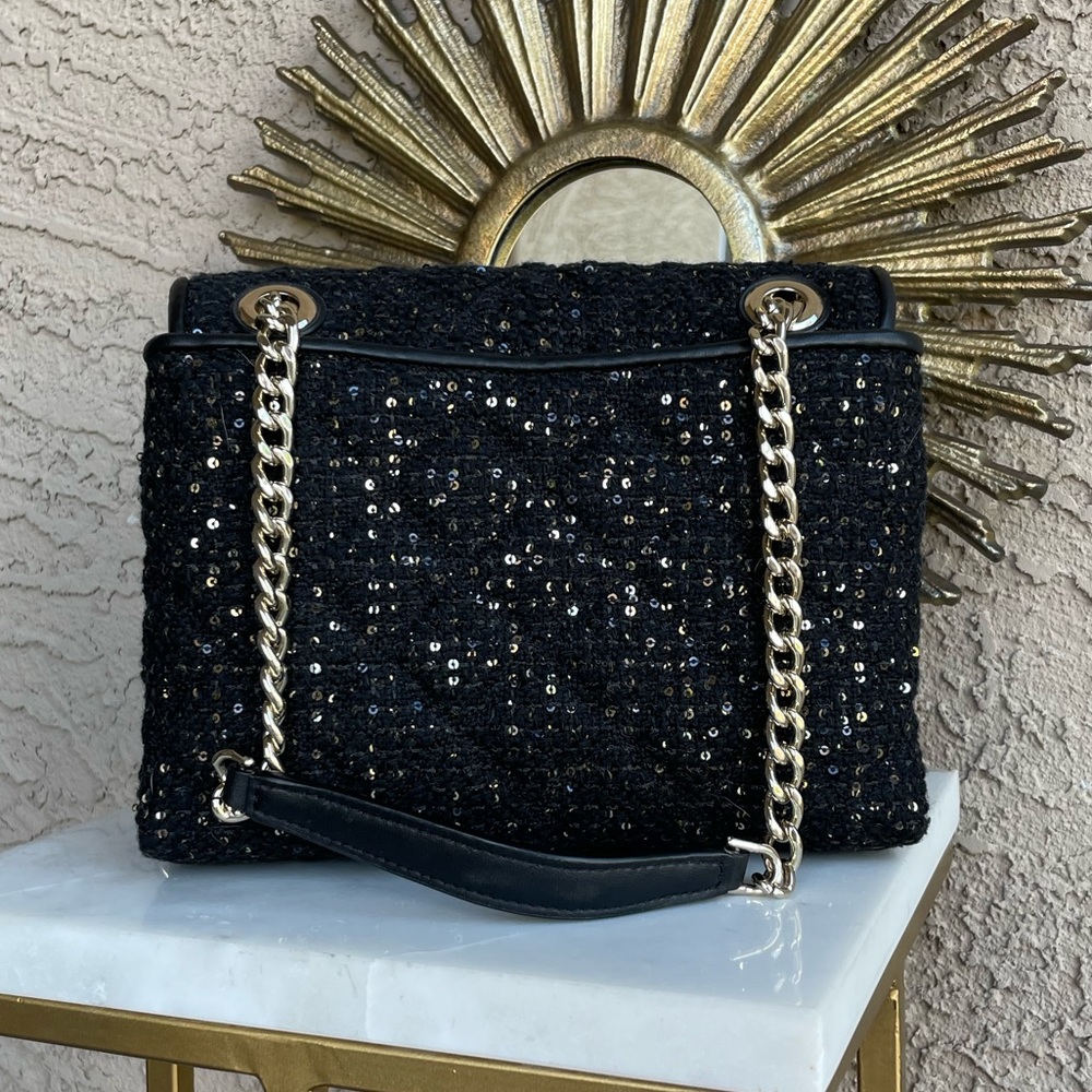 KATE SPADE Black & Gold Quilted Sequin Flap Chain Crossbody Shoulder Bag Purse - Picture 13 of 15